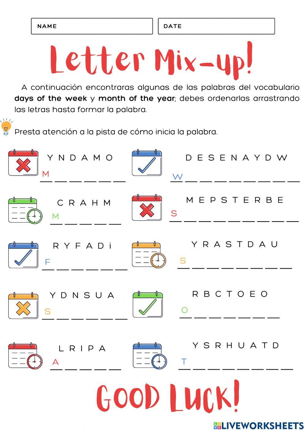 Days of the week and month of the year activity