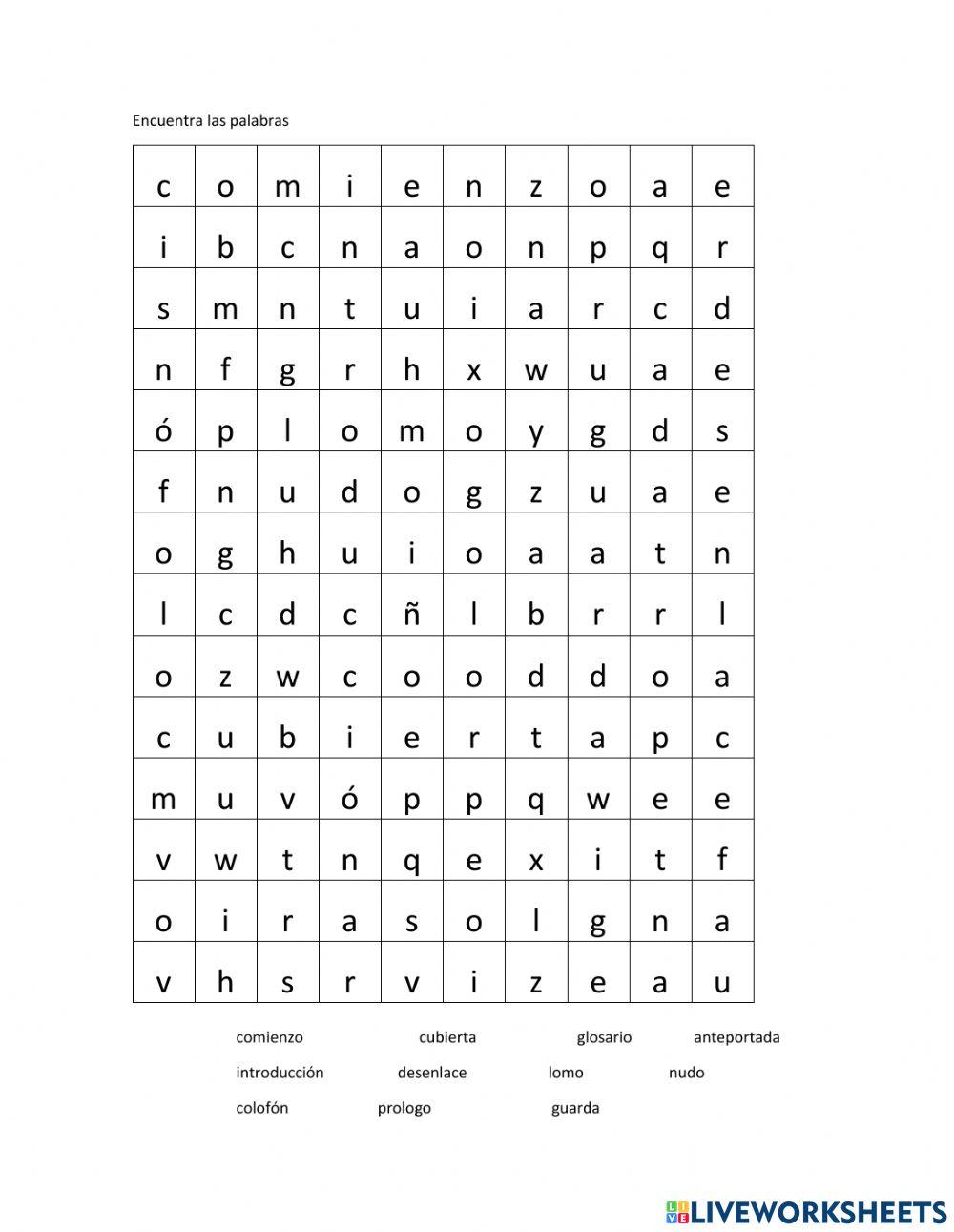 Sopa de letras partes del libro y del cuento worksheet | Live Worksheets