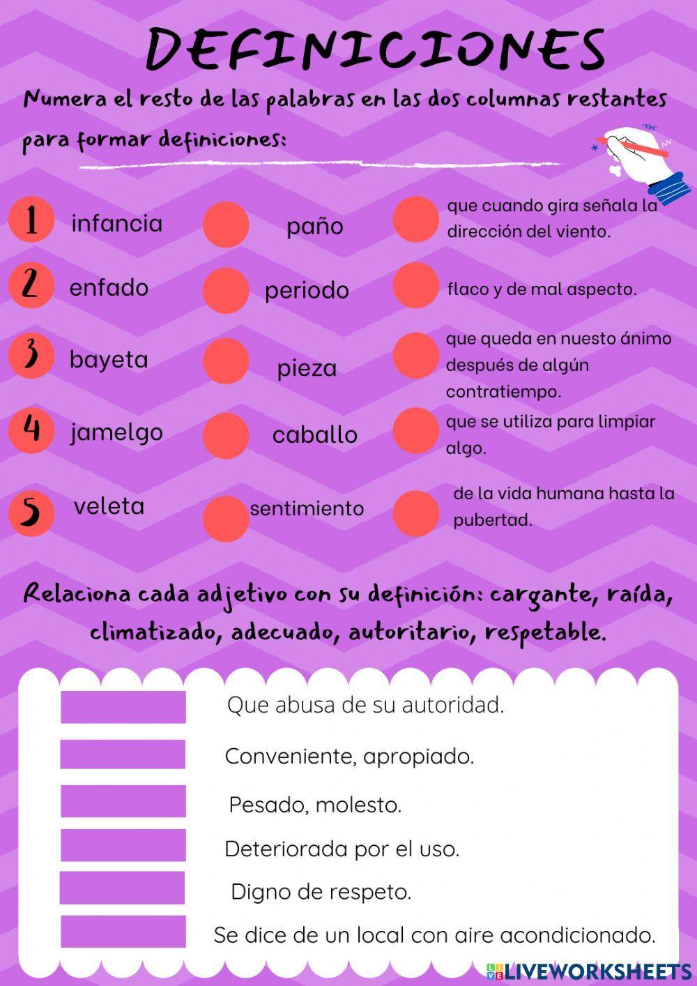 Definiciones de sustantivos, adjetivos y verbos.