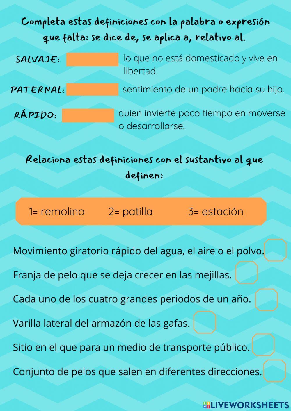 Definiciones de sustantivos, adjetivos y verbos.