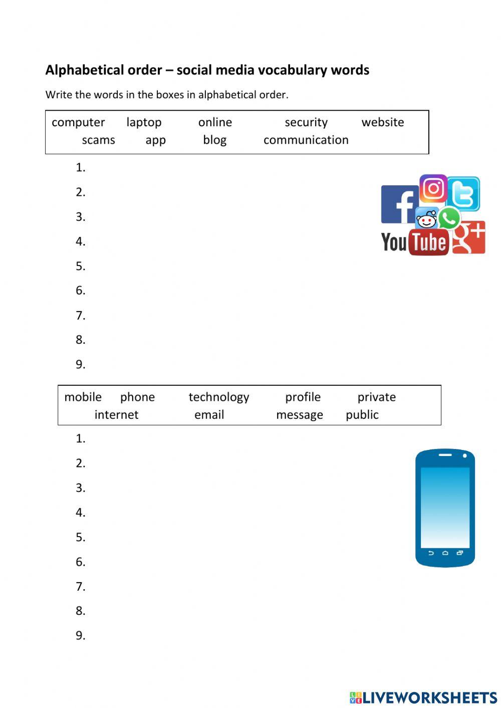 Alphabetical order - Social media words