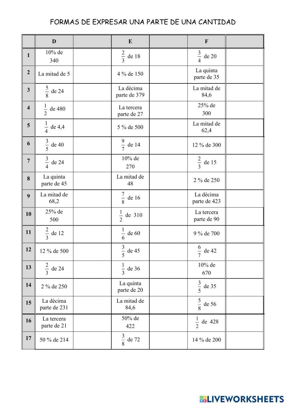Cálculo mental: parte dunha cantidade