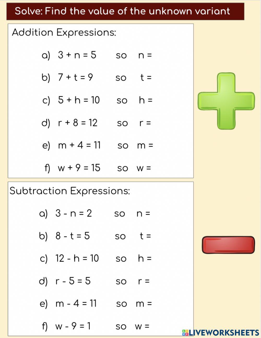 Missing variable addition subtraction