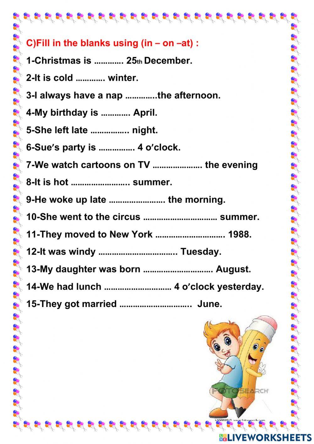 prepositions of time grade 2