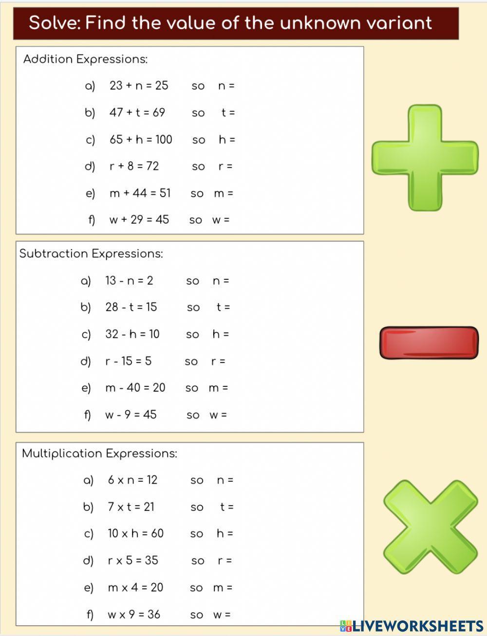 Find missing variable addition subtraction multiplication