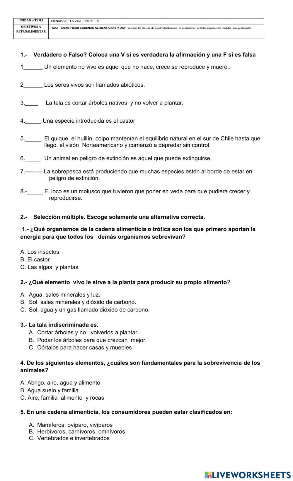 Ficha 1 UNIDAD 4  Los seres vivos y los ecosistemas 