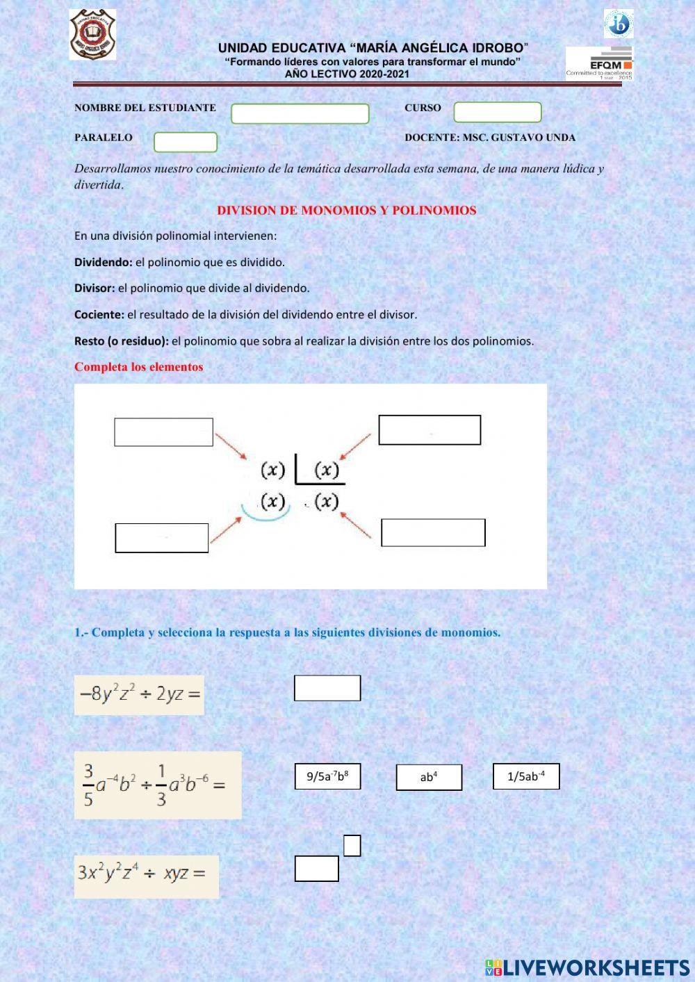 División de Monomios y Polinomios