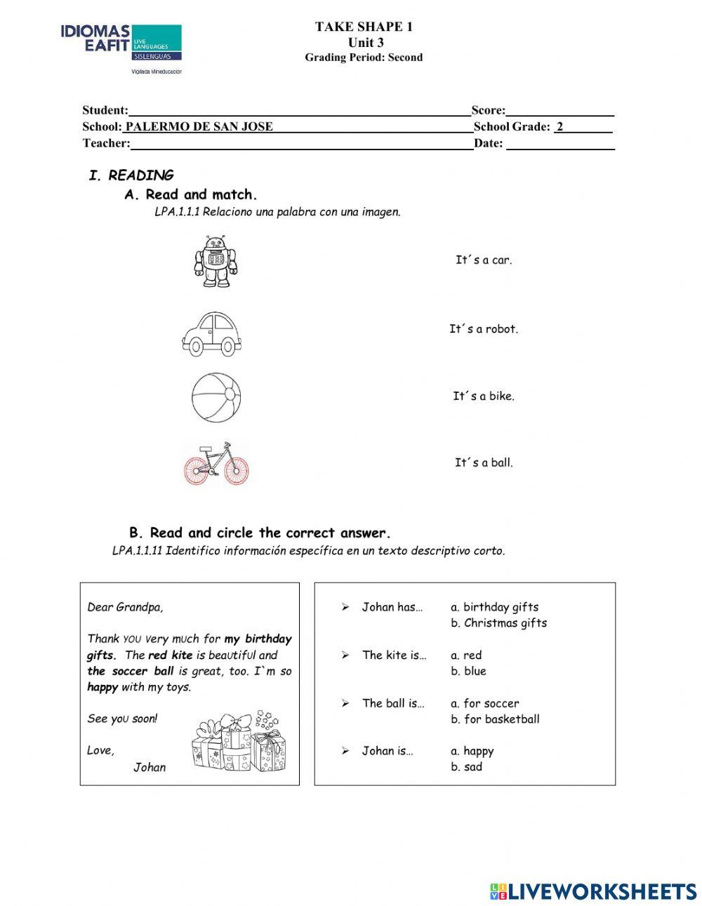 Take shape 1 unit 3 reading writing