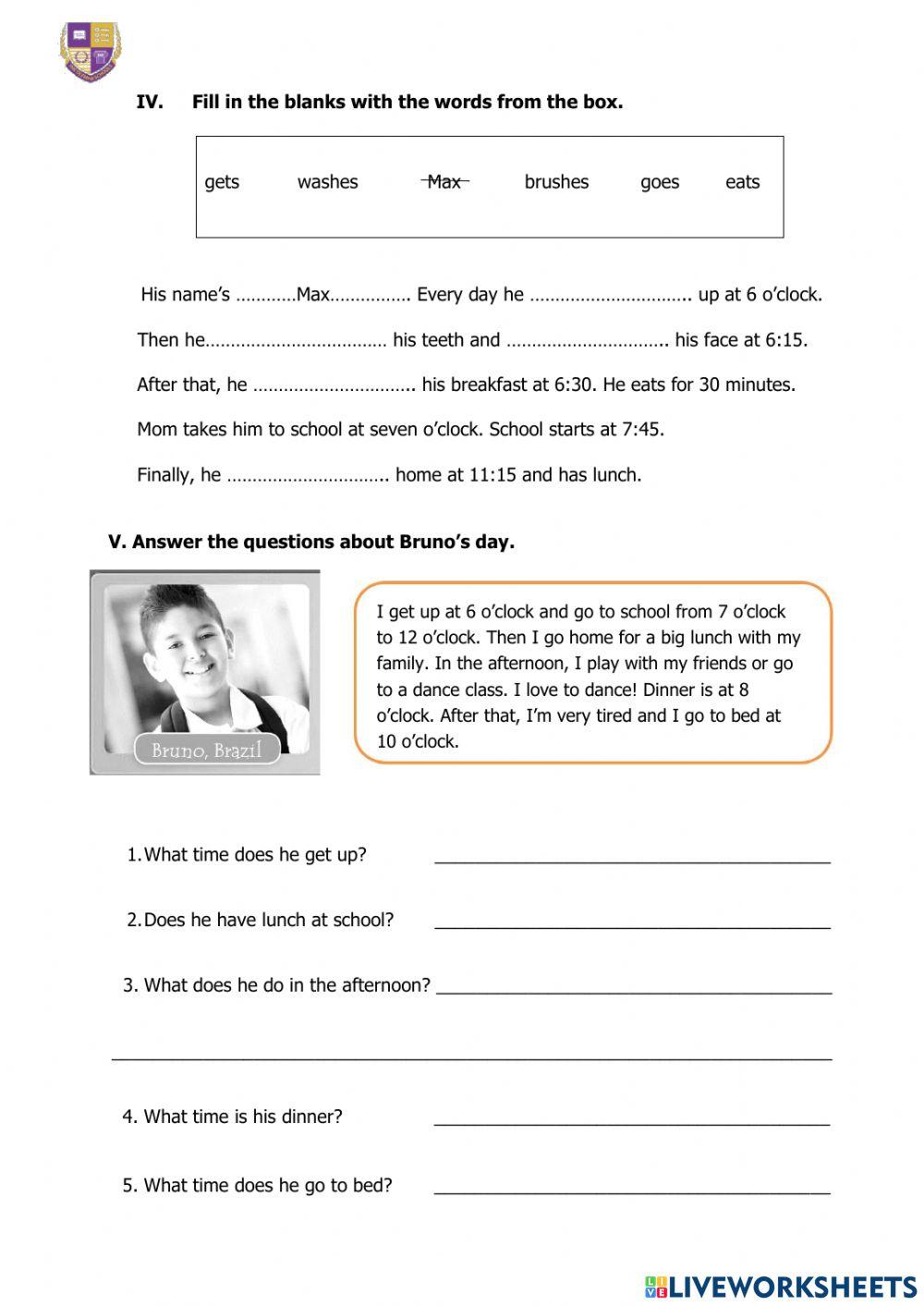 Grade 2: Review unit 6 : My day 