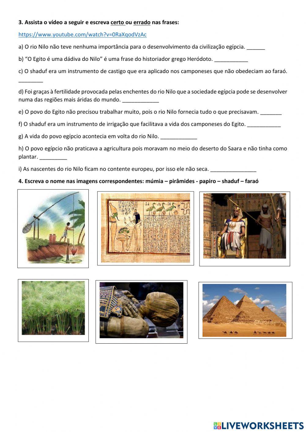 atividades de aula sobre o egito antigo