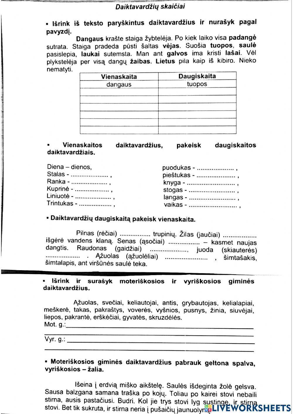 Daiktavardžių giminės, skaičiai