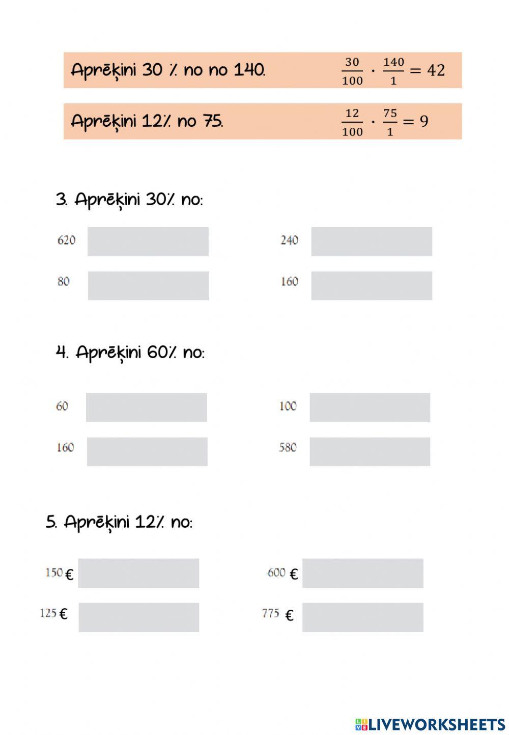 Procentu pārveidojumi, daļas no procentiem