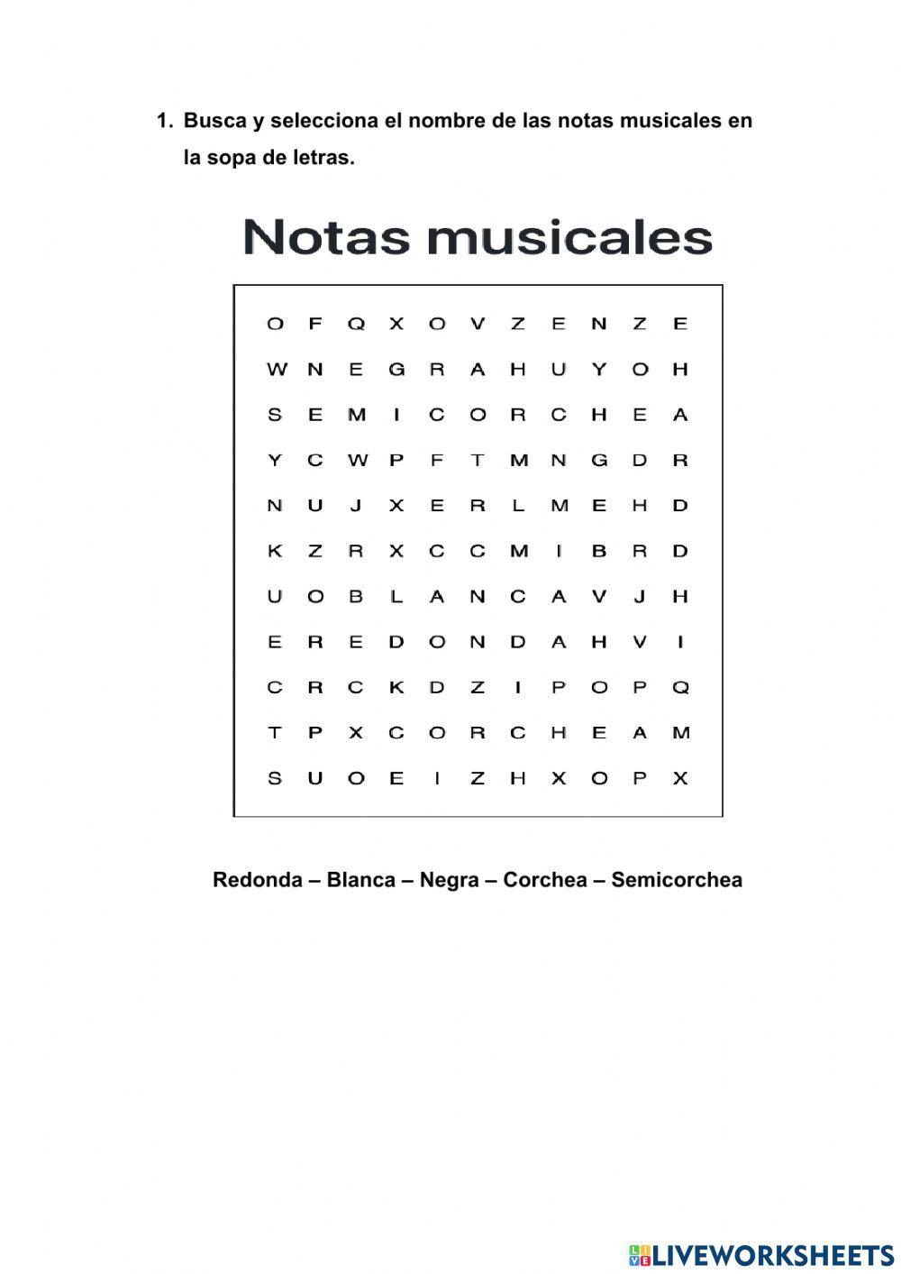 Sopa de letras de las notas musicales
