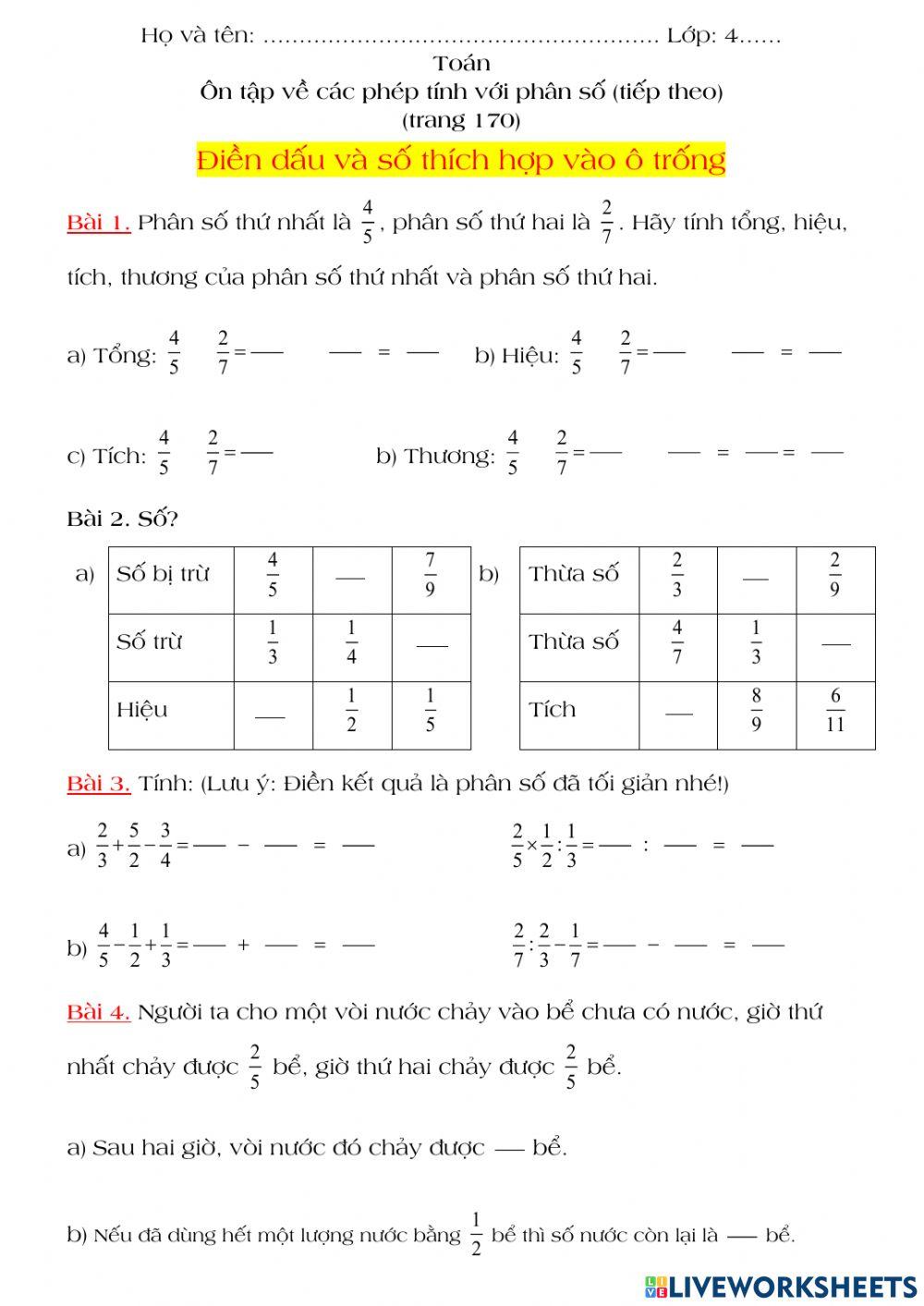 Ôn tập phép tính phân số