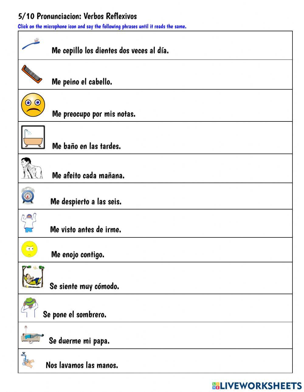 Pronunciación: Verbos Reflexivos worksheet Live Worksheets