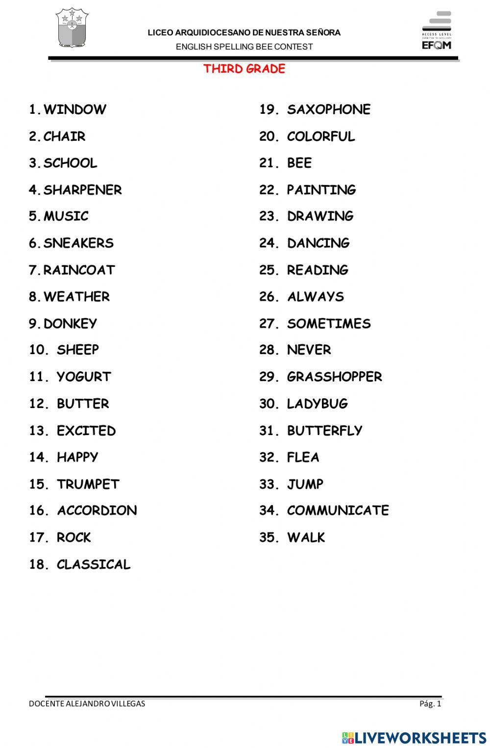 Spelling bee vocabulary