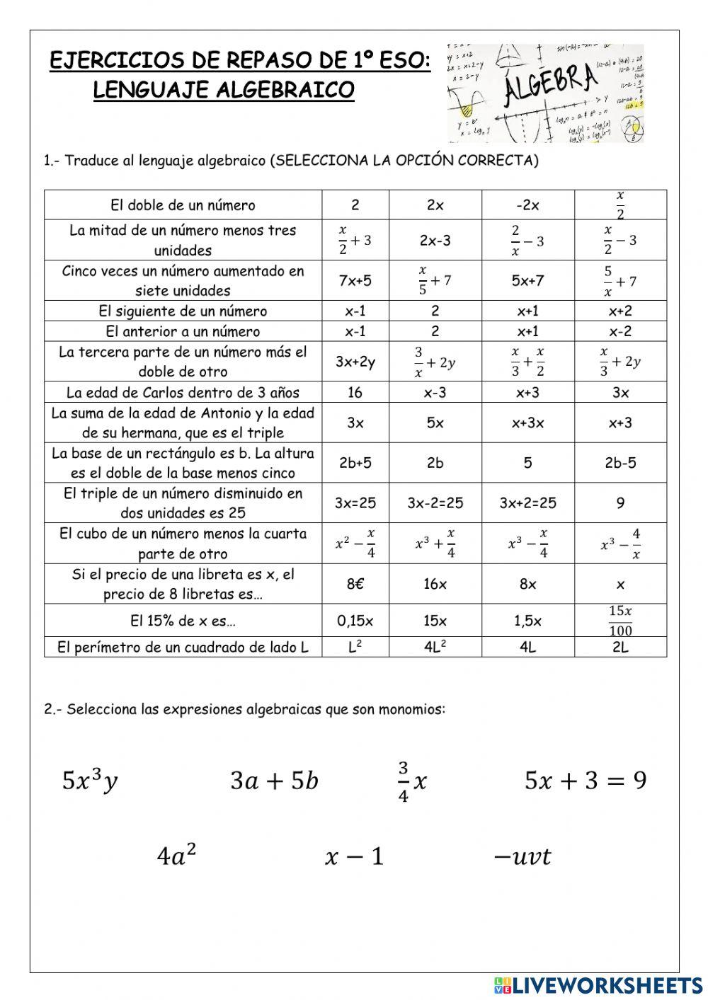 Ejercicios Repaso: Lenguaje Algebraico Ejercicios Repaso: Lenguaje Algebraico