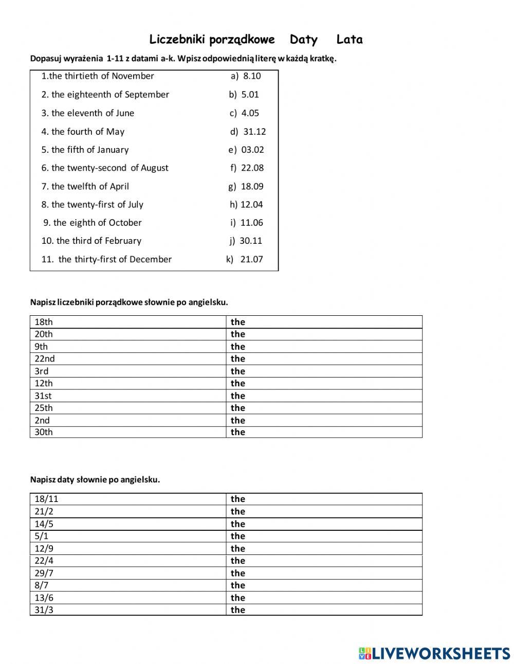 Ordinal Numbers Dates Years worksheet | Live Worksheets