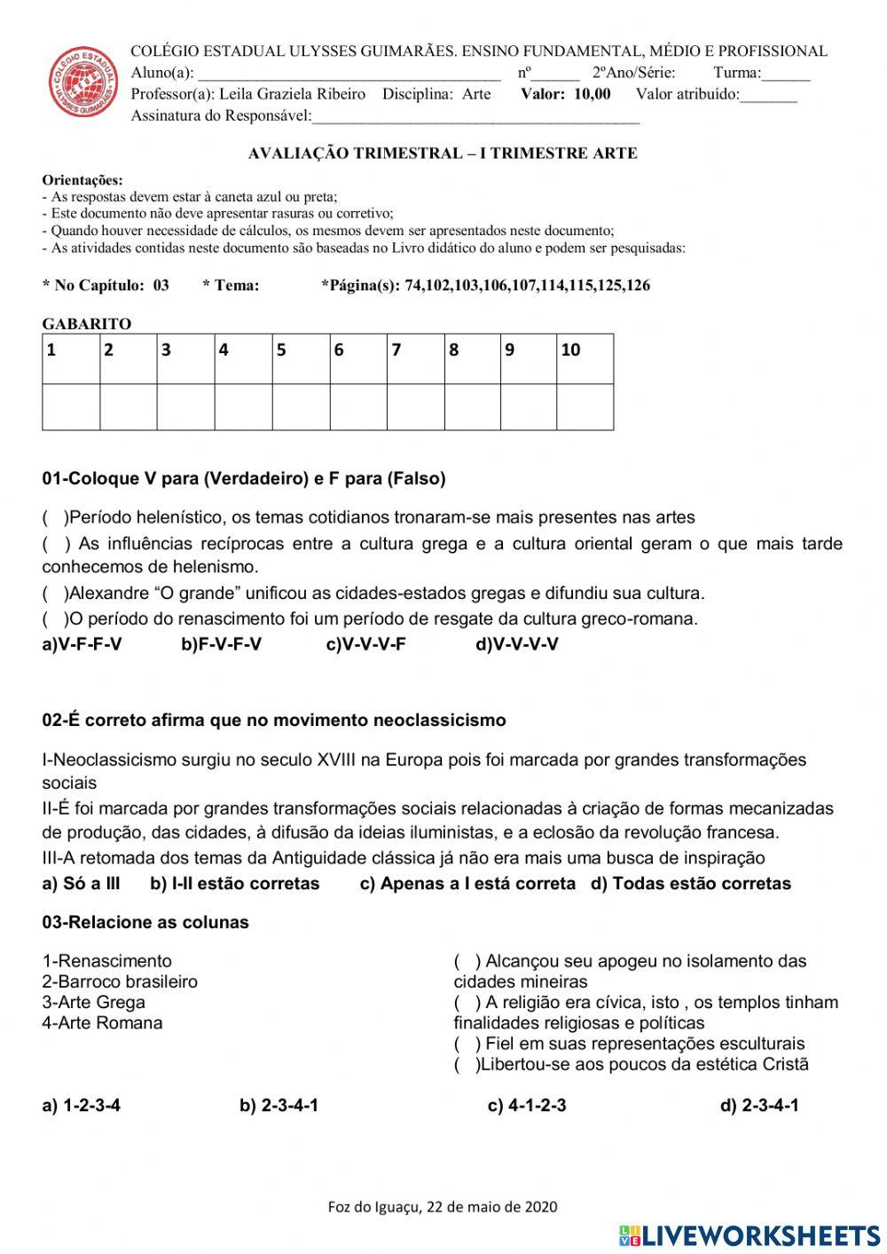 Arte - avaliação trimestral