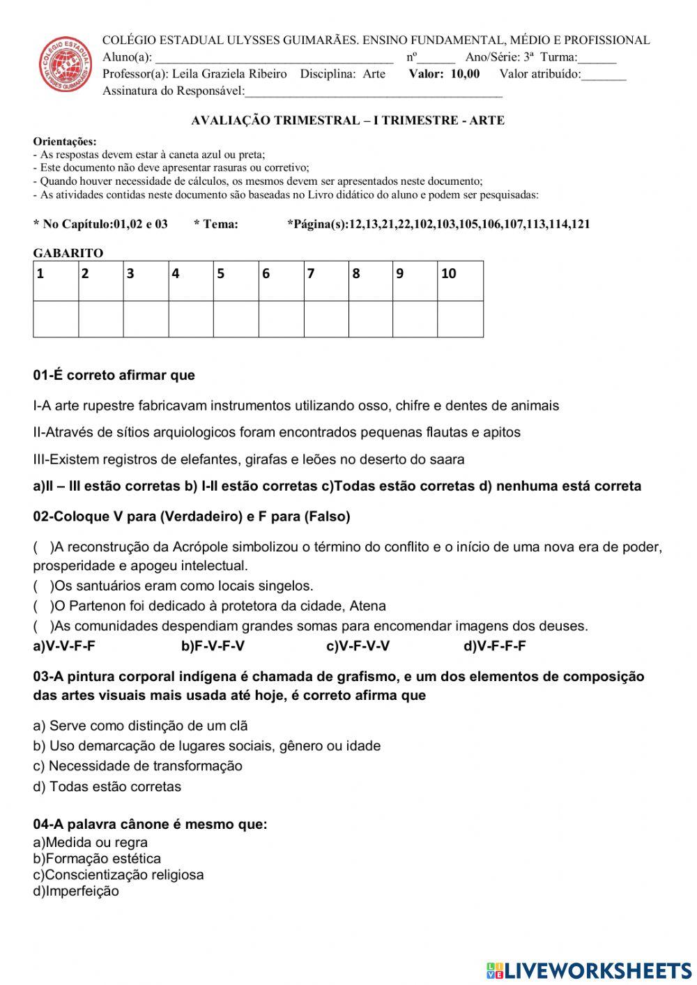 Arte - avaliação trimestral