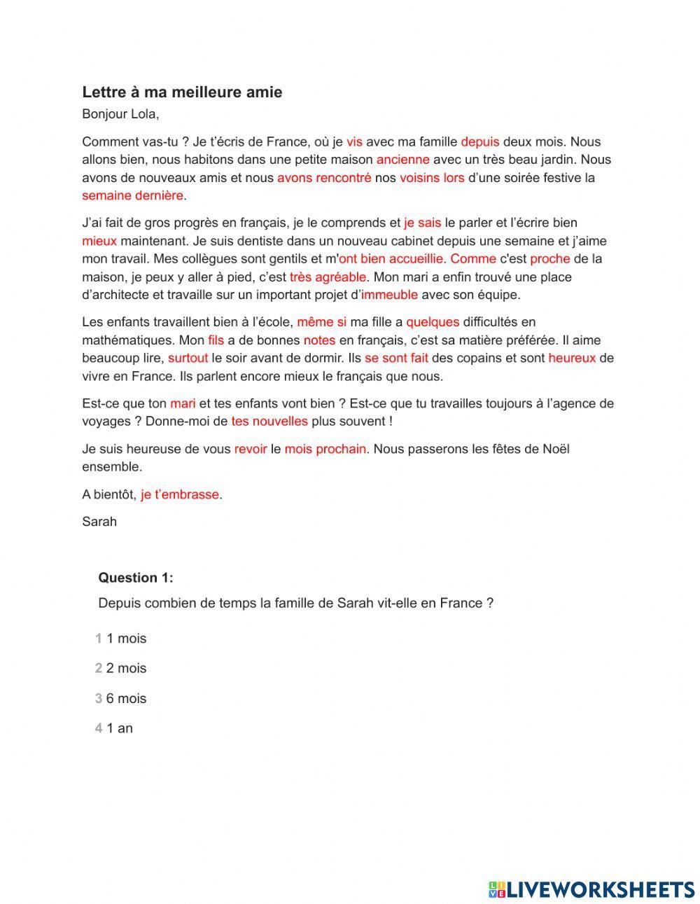 Une lettre à meilleure amie