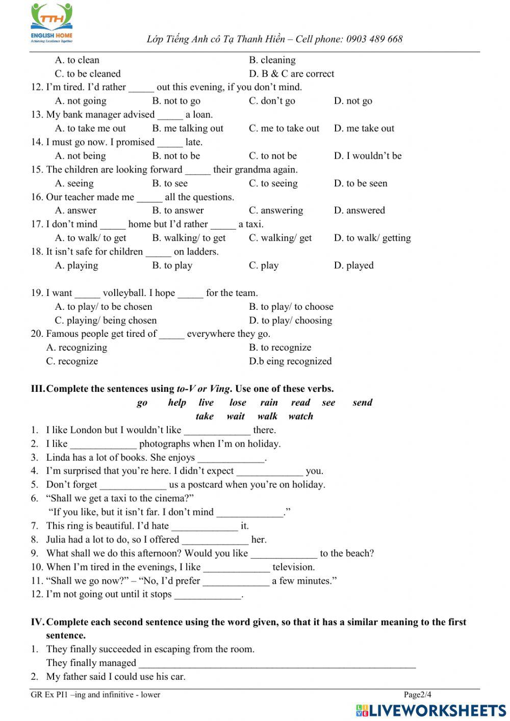 To infinitives - Gerunds