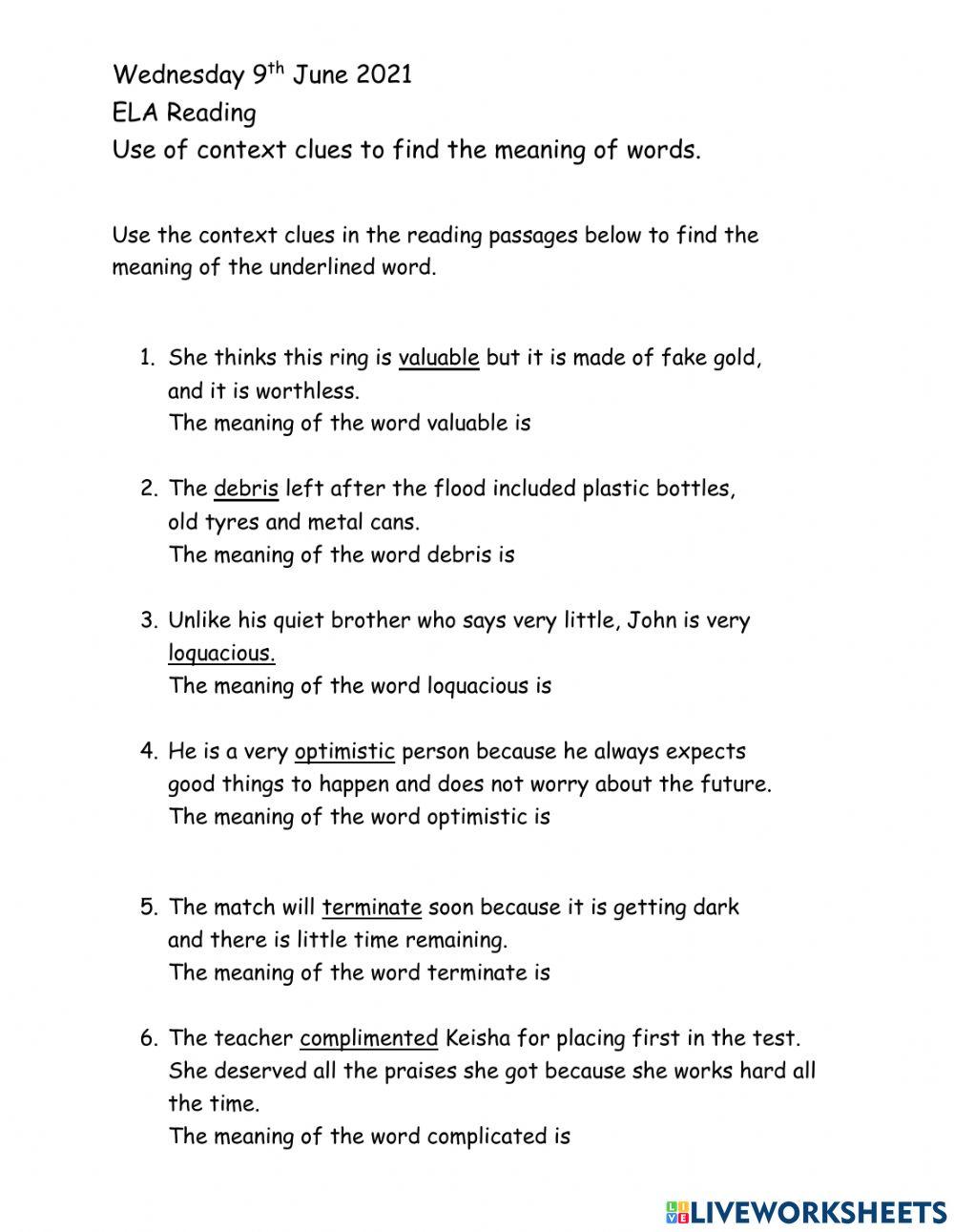 Live worksheet on use of context clues