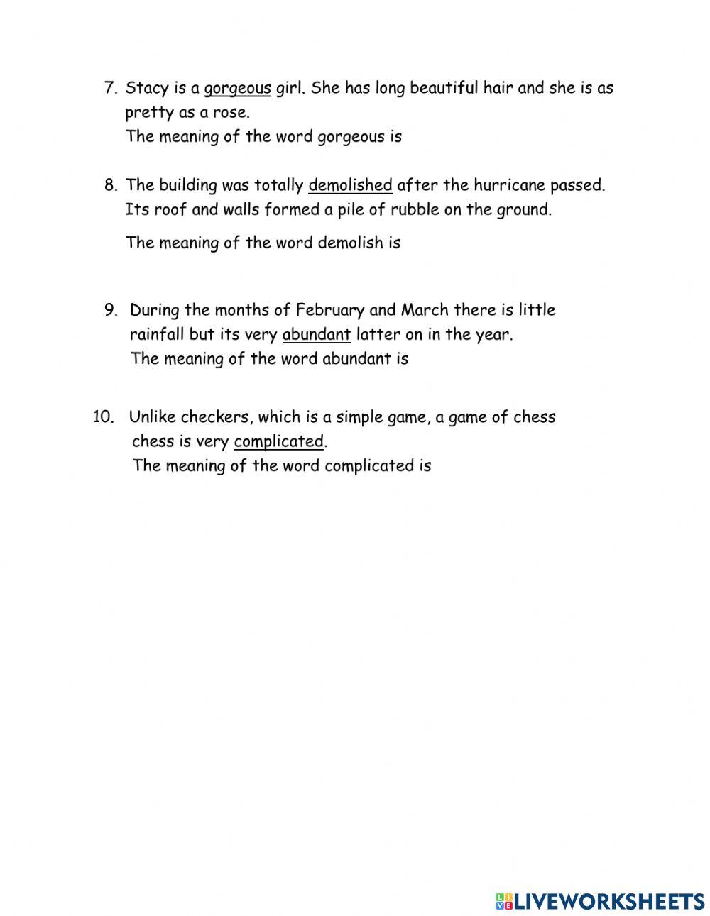 Live worksheet on use of context clues
