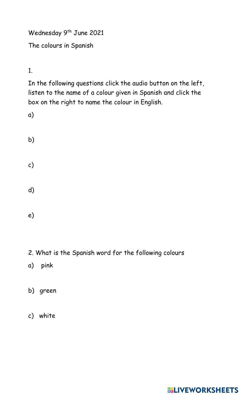 Spanish words for colours worksheet live worksheets
