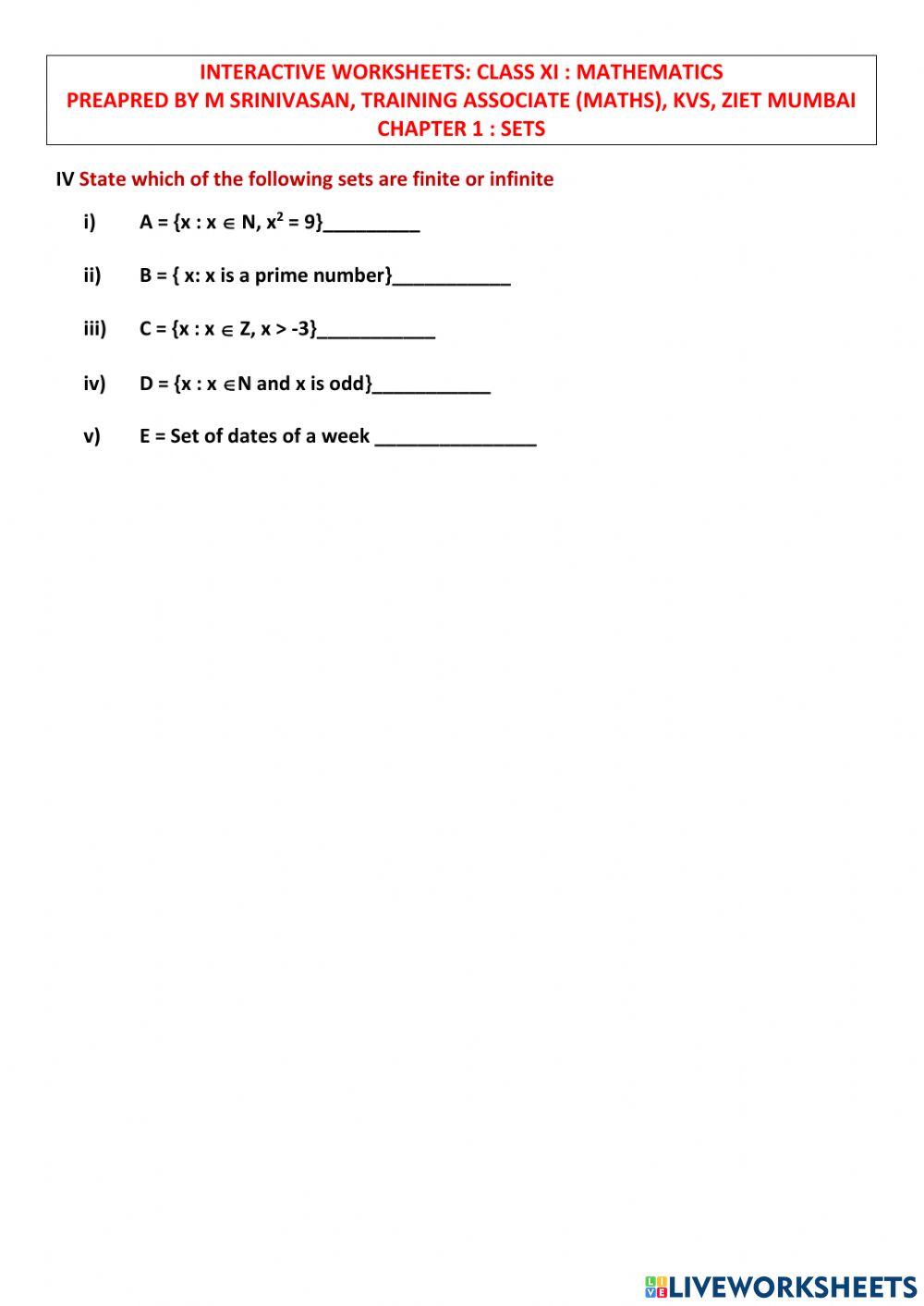 CLASS XI MATHS : CHAPTER 1 : SETS