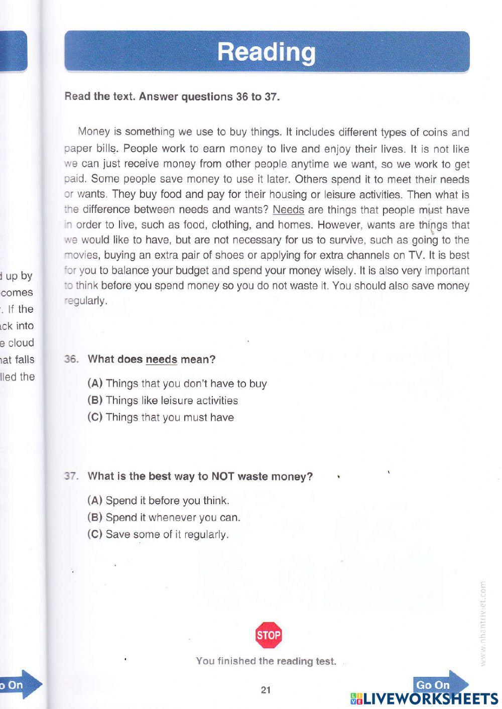 TOEFL Primary - Reading Test 1(continuation)