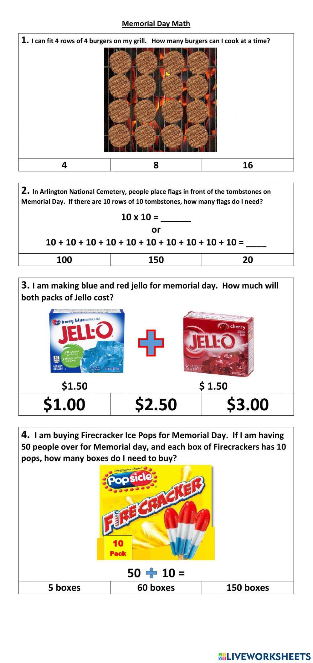 Memorial day math interactive worksheet Live Worksheets
