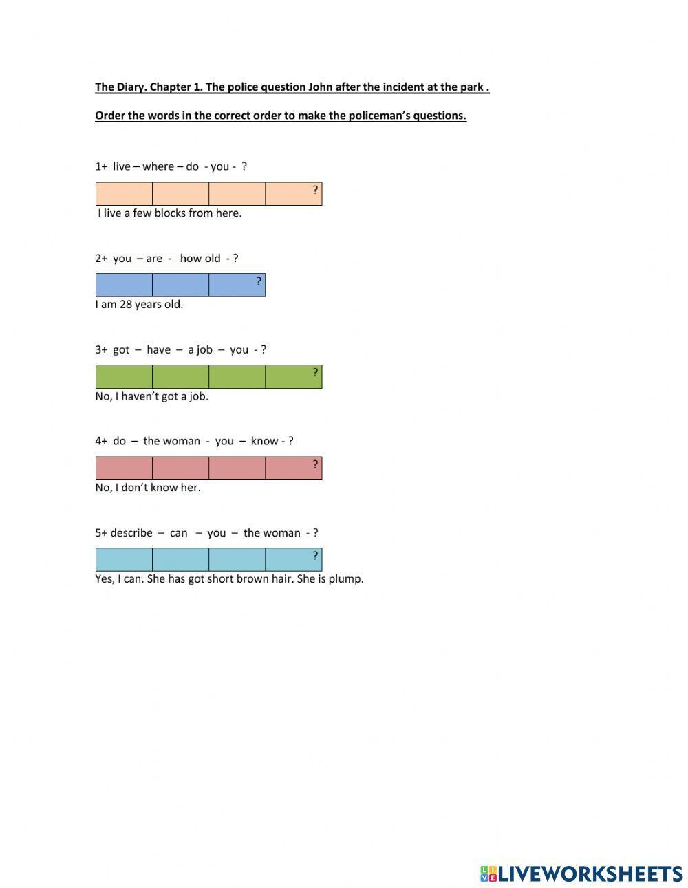 The Diary worksheet - chapter 1 - make questions