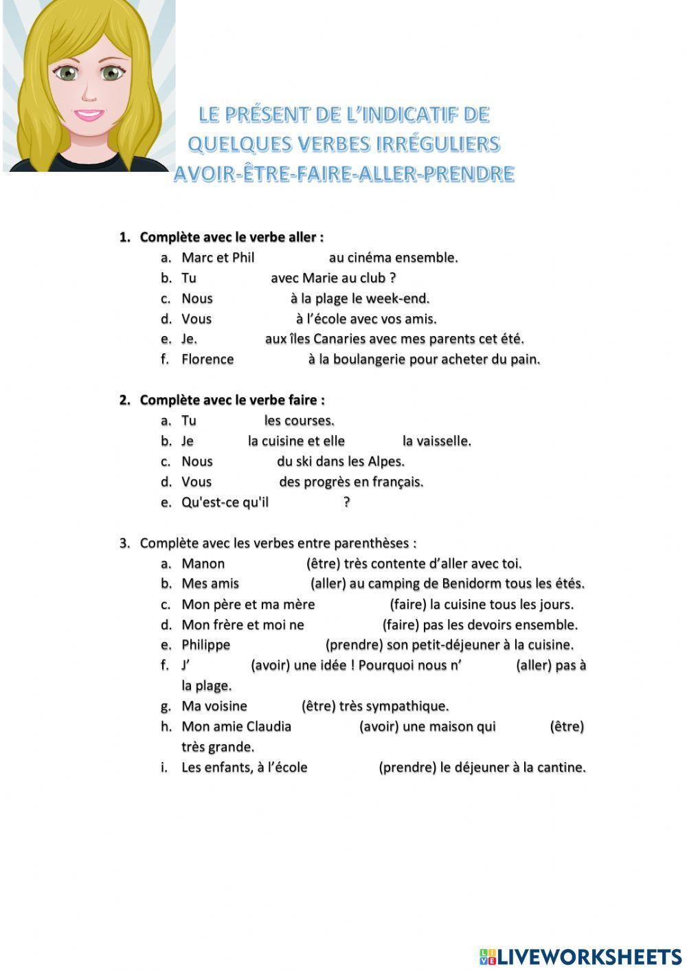 Prendre Au Present De L Indicatif Présent indicatif: être, avoir, aller, faire, prendre worksheet | Live Worksheets