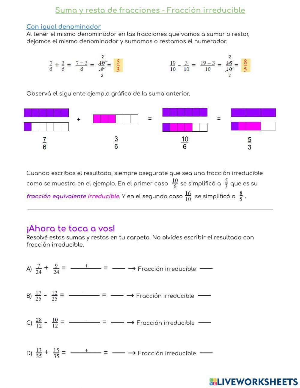 Suma y resta de fracciones con igual denominador