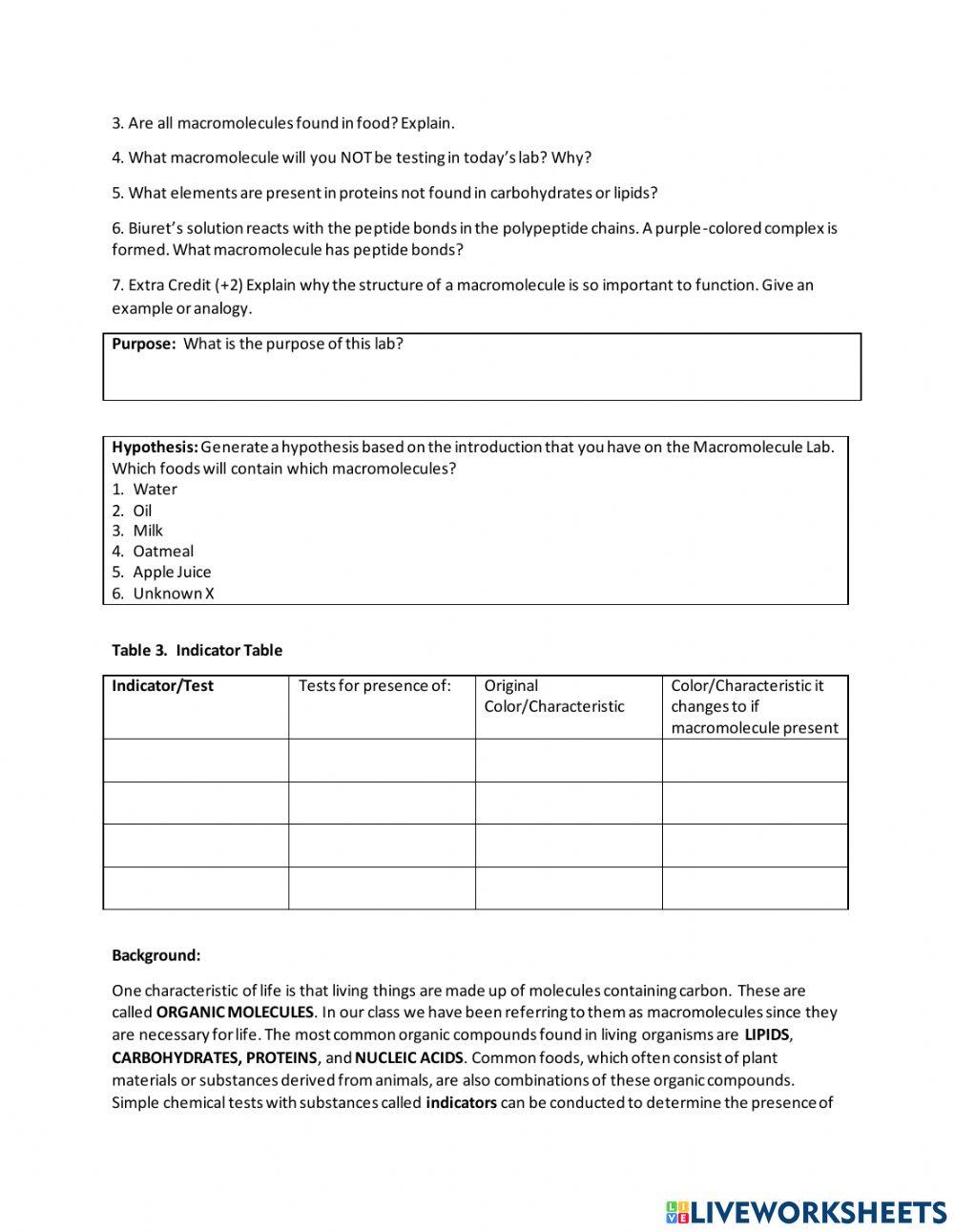 Macromolecule Lab: Testing for Macromolecules