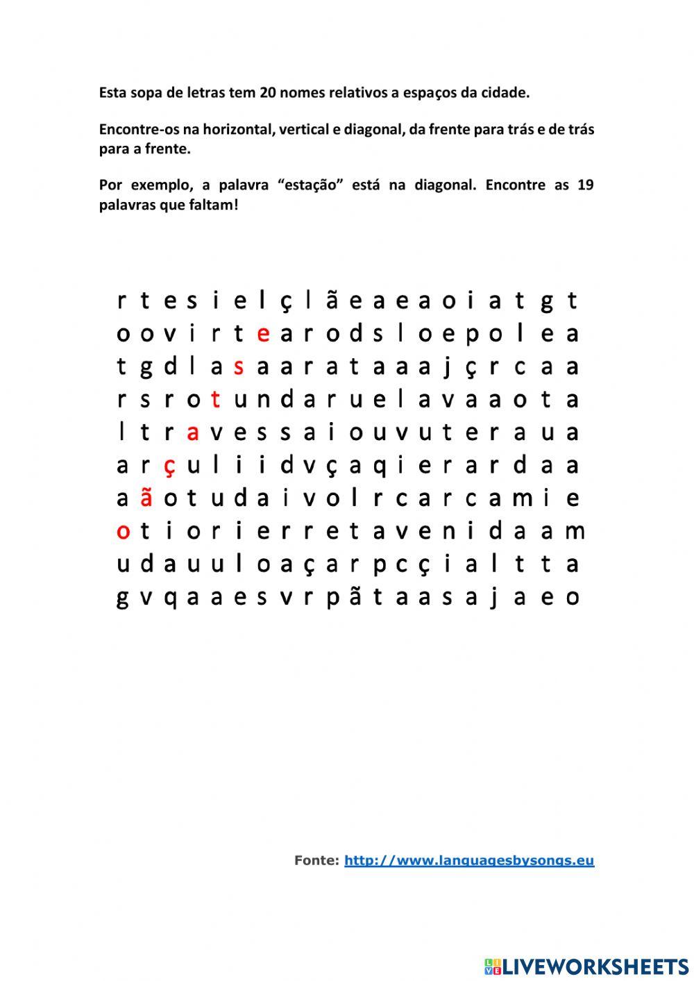 Espaços da cidade (sopa de letras)