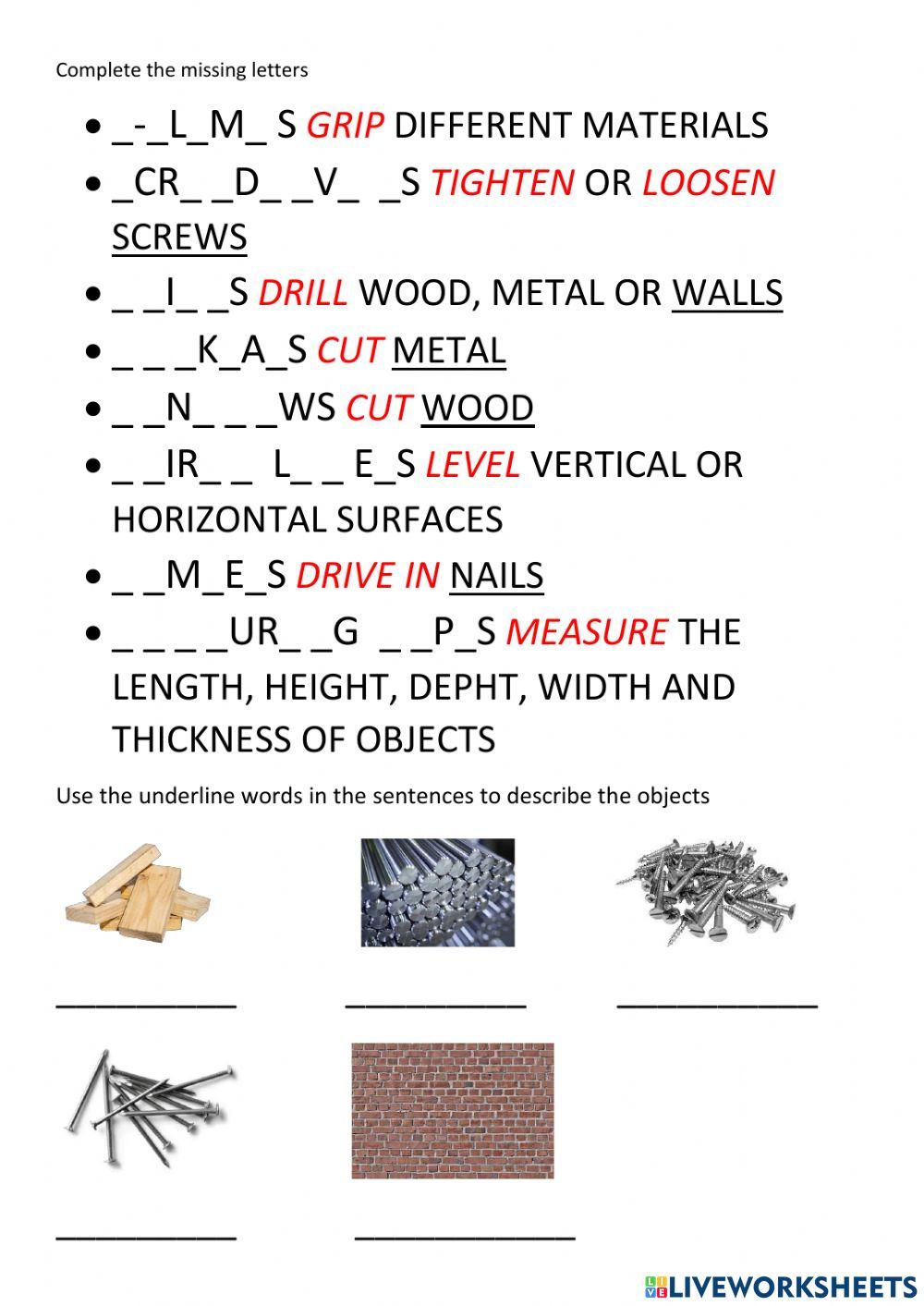 Tools and their uses worksheet live worksheets