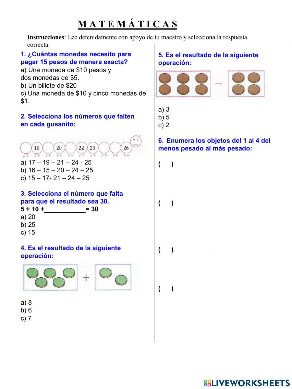 Examen de MATEMATICAS  trimestre 3