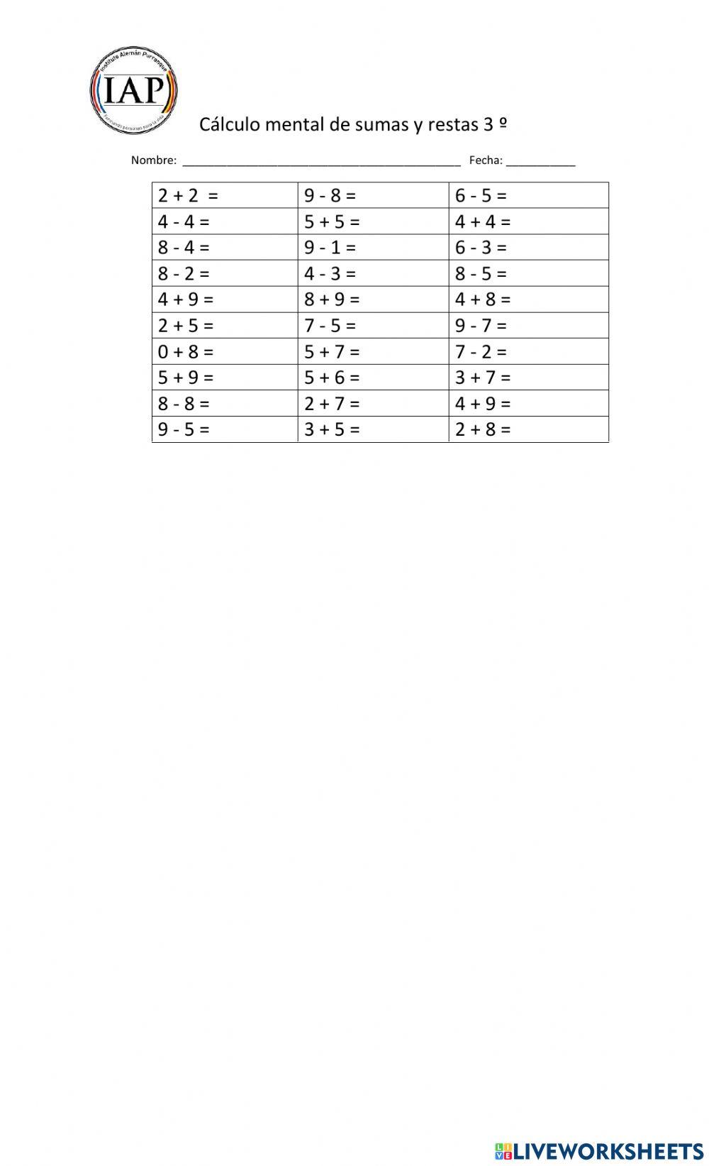 Calculo mental de sumas y restas