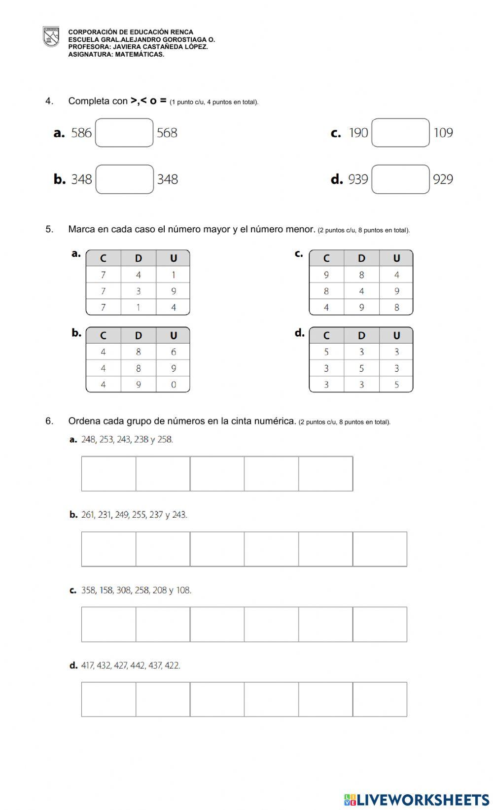 Leer, representar, comparar y ordenar números hasta el mil.
