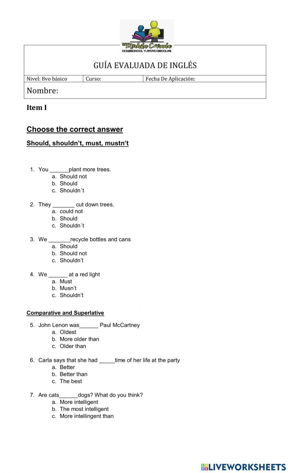 Evaluacion ingles 8vo