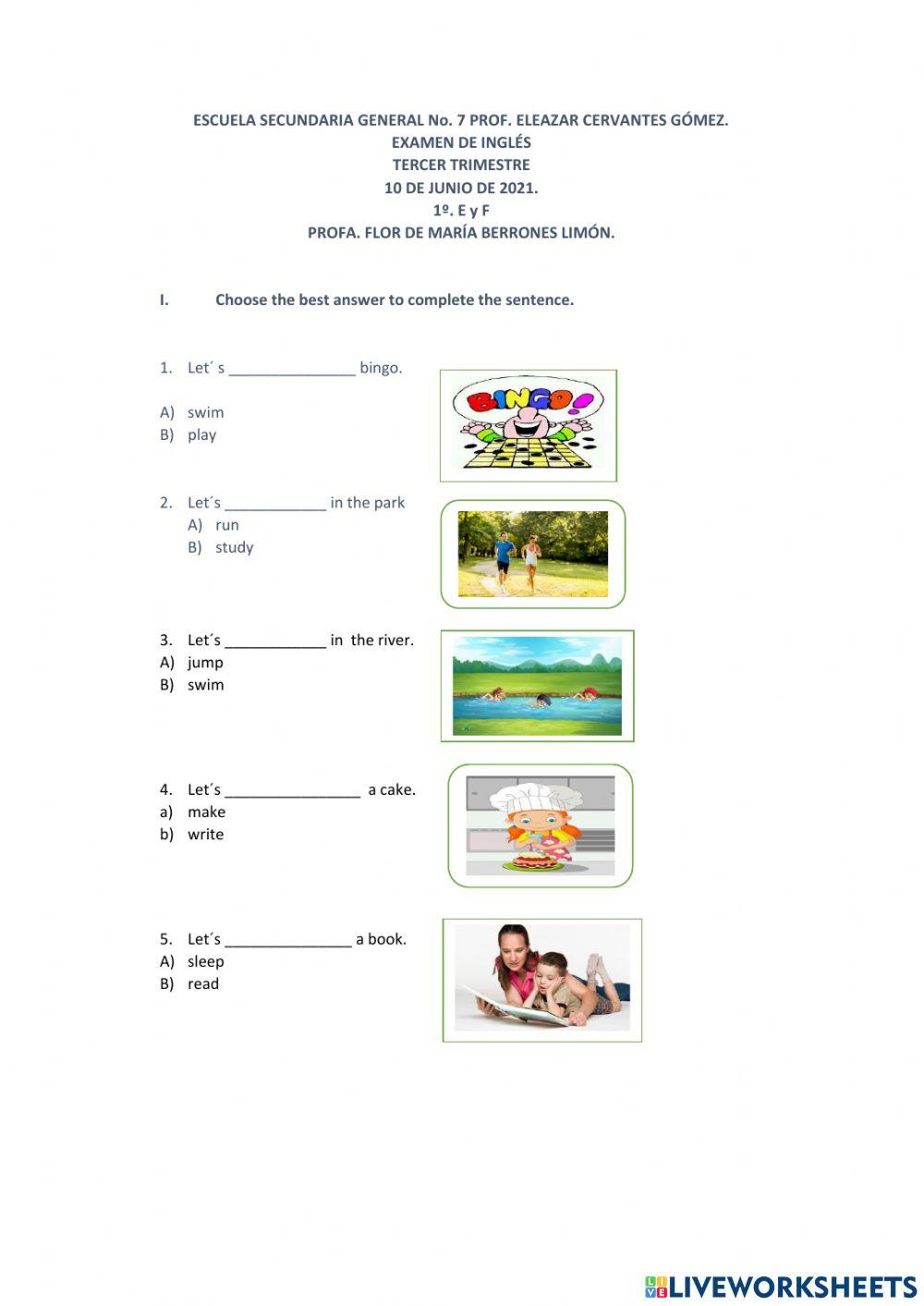 English Exam.1st. grade.