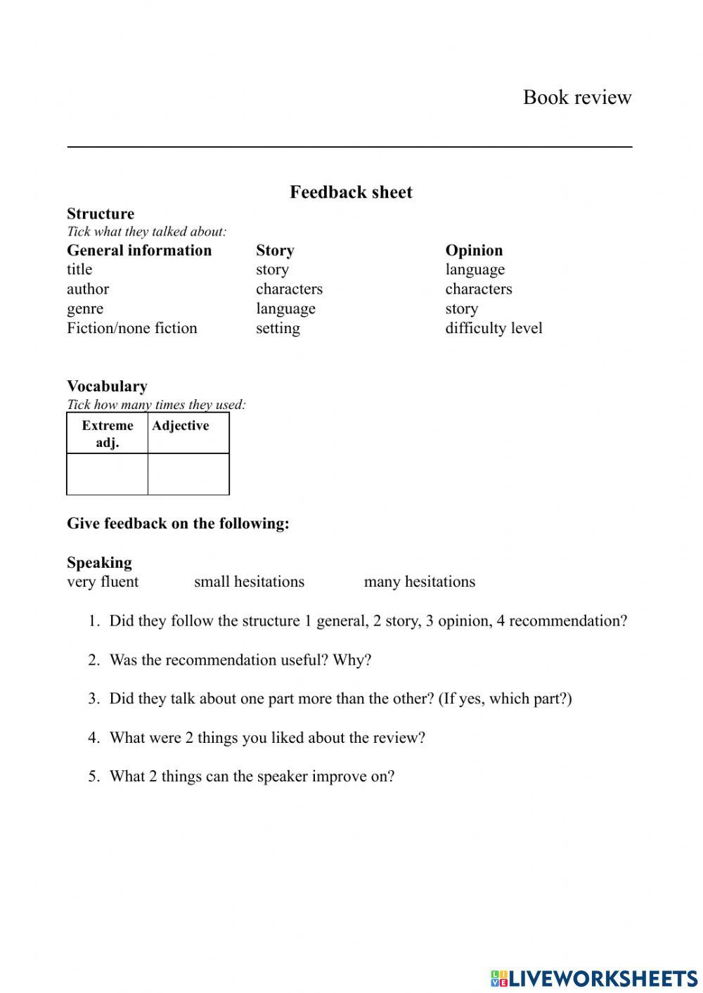 Book review student feedback form