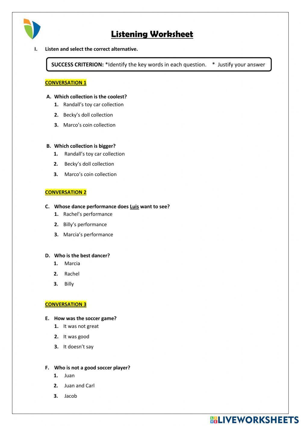 4th Grade - Week 3 - Day 1 - Listening Worksheet