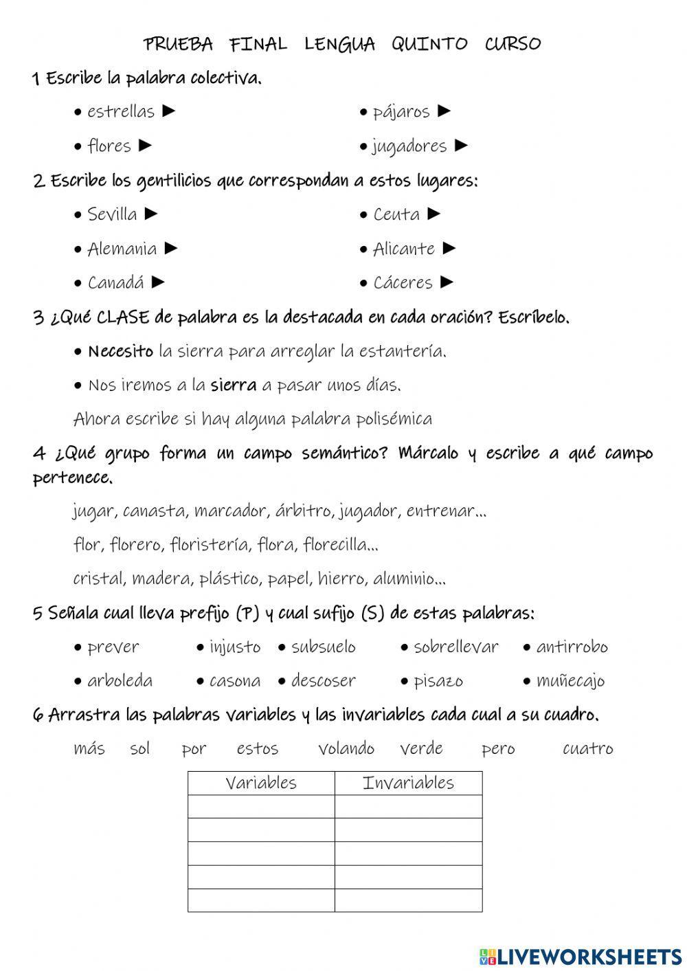 PRUEBA final de lengua 5º