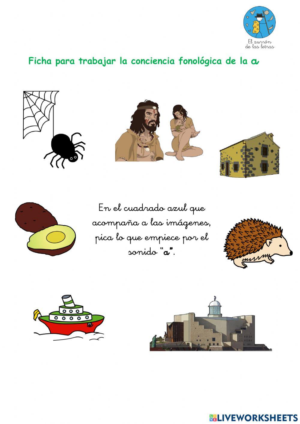 Ficha interactiva para trabajar conciencia fonológica del sonido “a” (El zurrón de las letras)