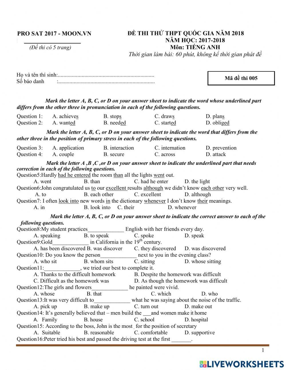 Đề luyện thi Đh 1