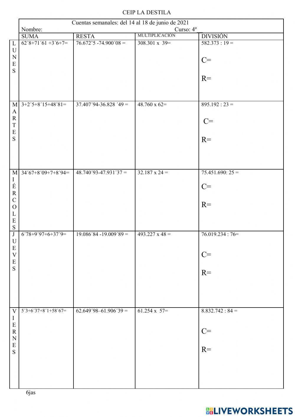 Cuentas semanales junio de Cuarto