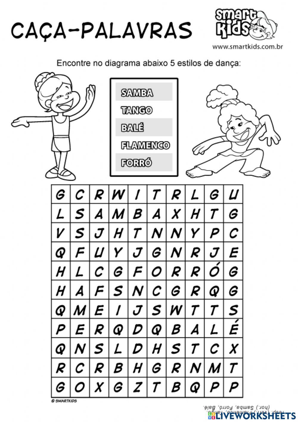 Encontre os cinco tipos de dança presentes no caça-palavras